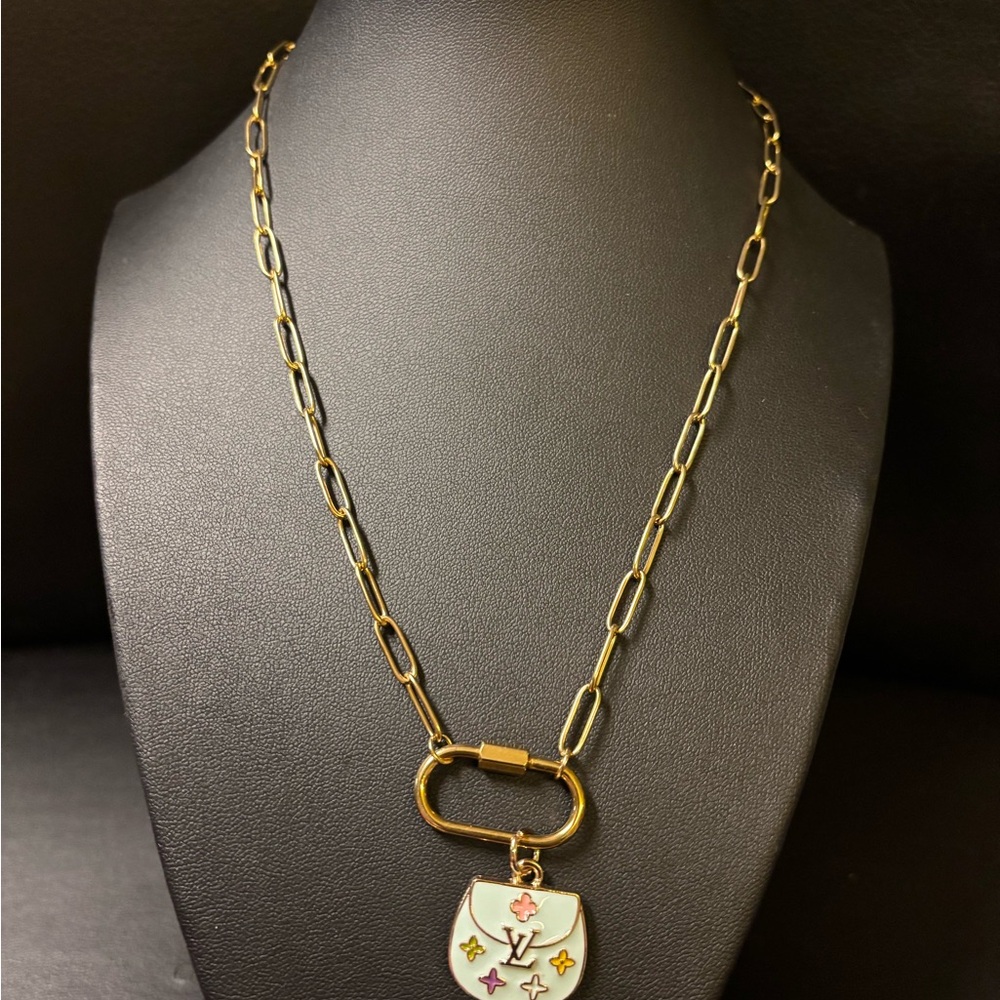 LV Zipper Pull Charm Blue And Gold Pendant/ Stainless Steel Necklace - Picture 2 of 4